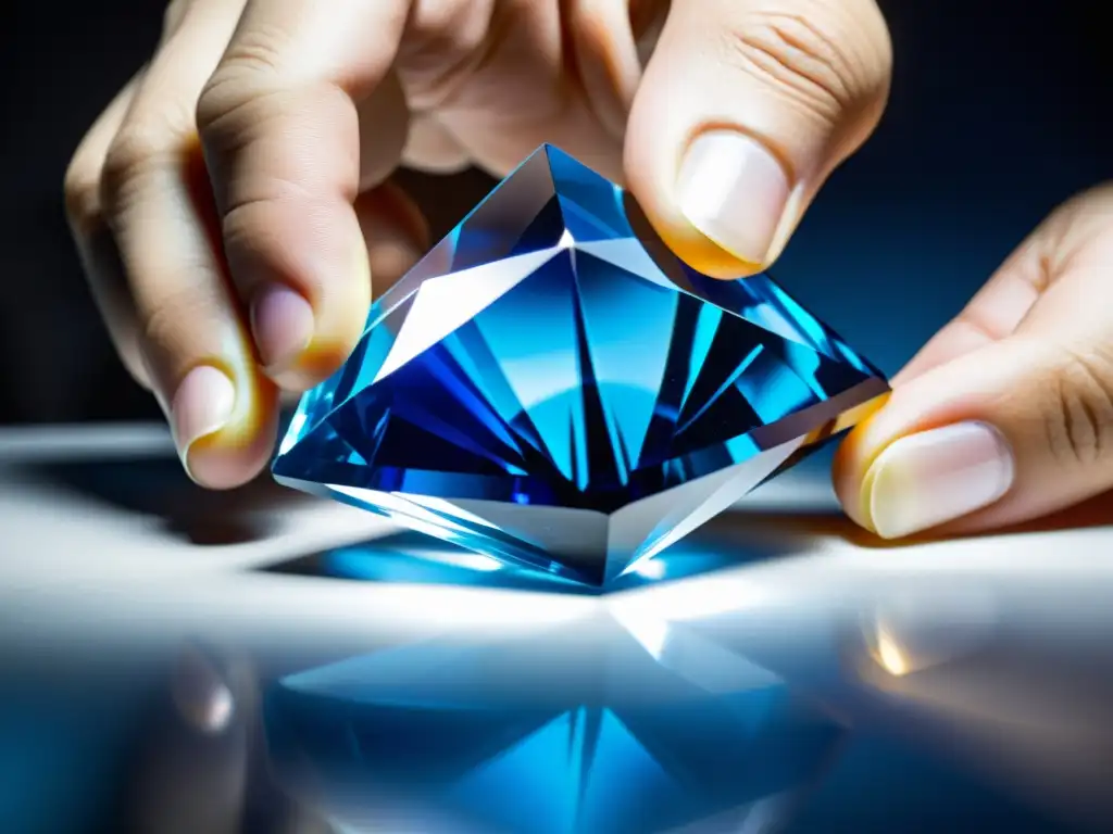 Sapphire: Arte en Corte y Pulido Detalle de zafiro azul y blanco pulido con destellos, capturando la precisión del trabajo artesanal