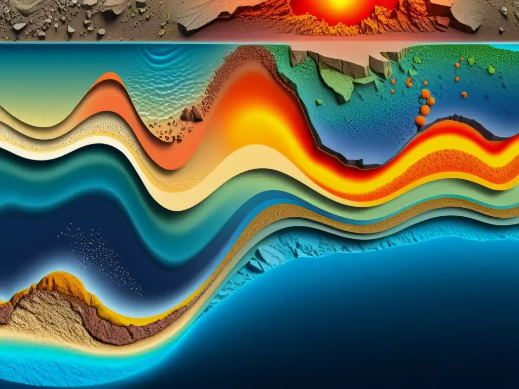 Detalle ultrarresolución de zona de subducción con formación mineral por procesos tectónicos