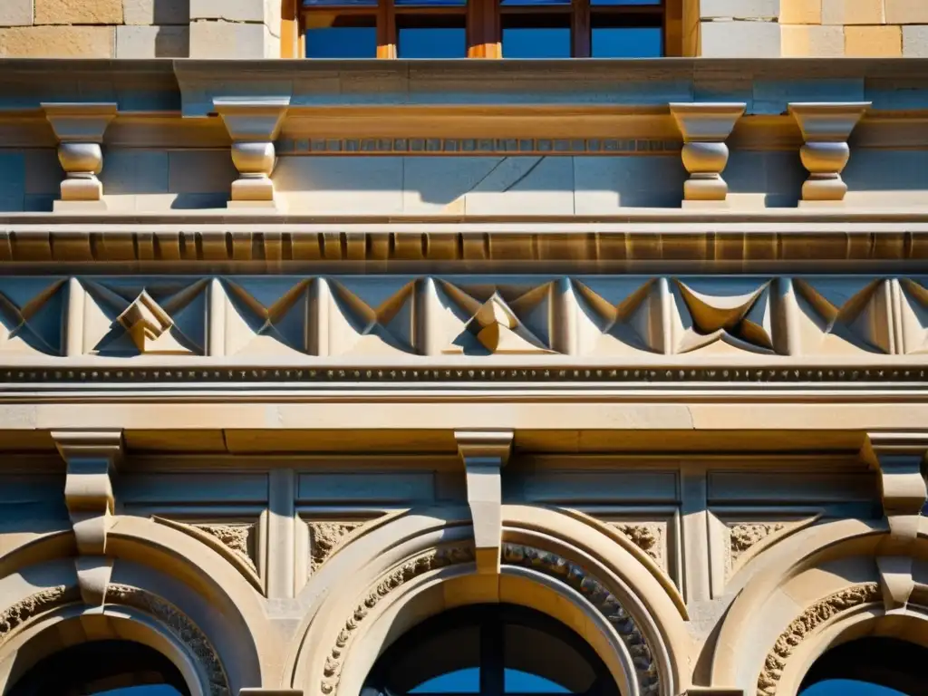 Detalles envejecidos de la fachada de un edificio histórico en arenisca y granito, mostrando diferencias de durabilidad entre ambos materiales