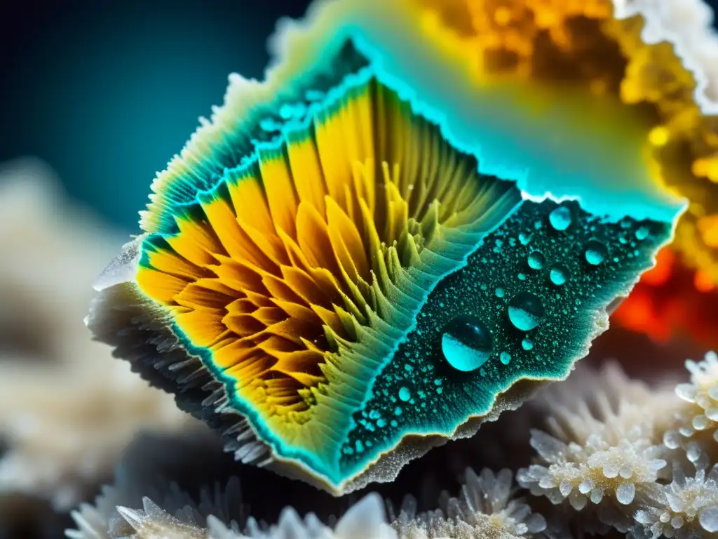 Detalles impresionantes de un mineral bajo microscopio, mostrando formaciones cristalinas y colores vibrantes