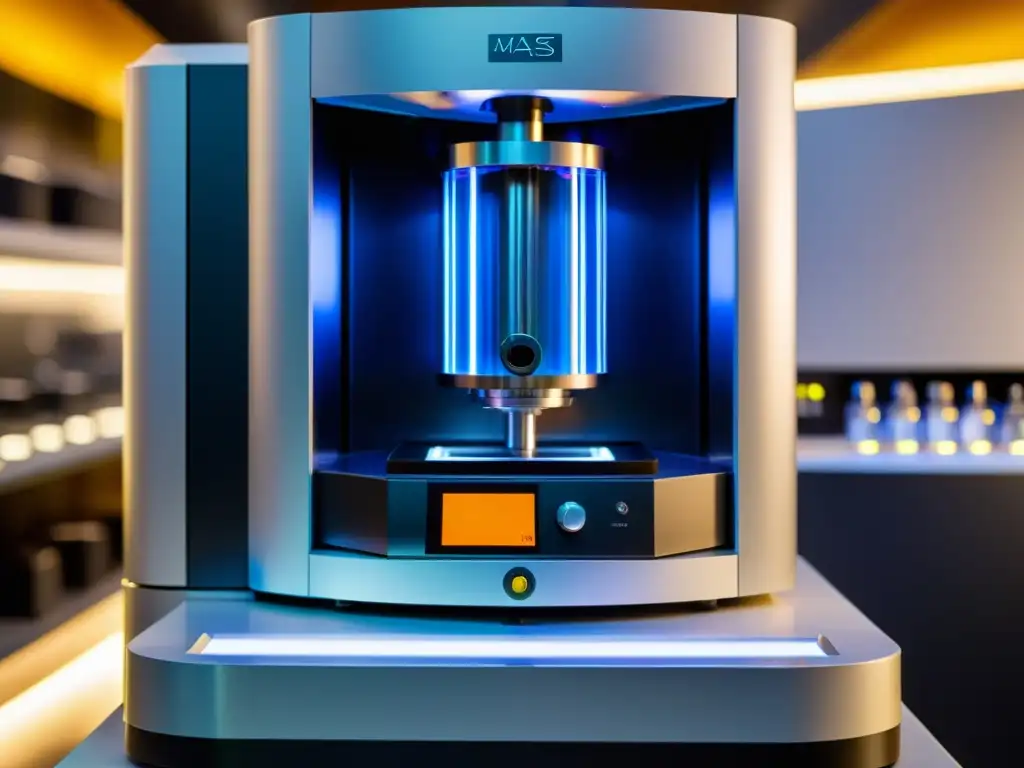 Detalles intrincados de un espectrómetro de masas analizando una gema sintética, rodeado de instrumentos científicos