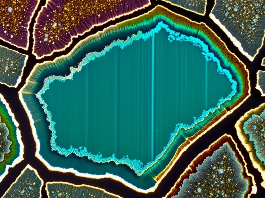 Detalles mineralógicos y estructurales bajo microscopio petrográfico, revelando isótopos en minerales geoquímica con colores y texturas vibrantes