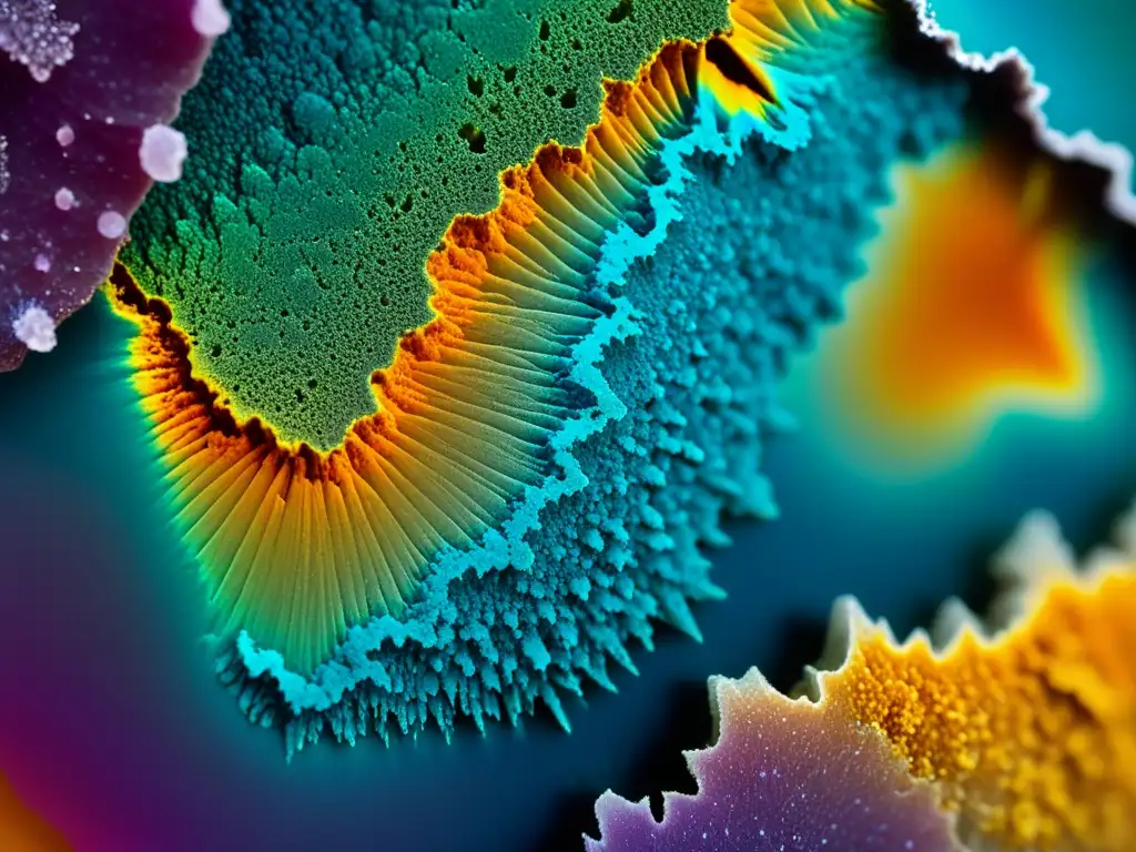 Detalles vibrantes de silicatos bajo microscopio, resaltando la diversidad de colores y texturas