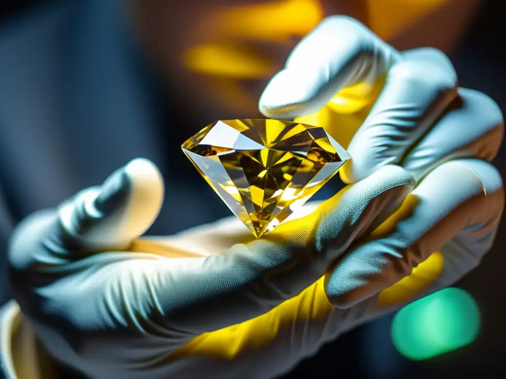 Un diamante amarillo de alta calidad examinado por un gemólogo experto