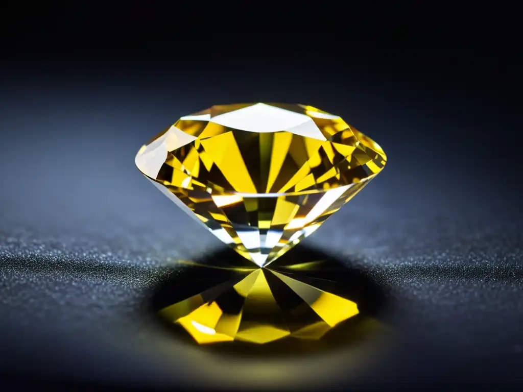 Un diamante amarillo brillante descansa sobre un cojín de terciopelo negro, reflejando la luz y creando un espectáculo de colores