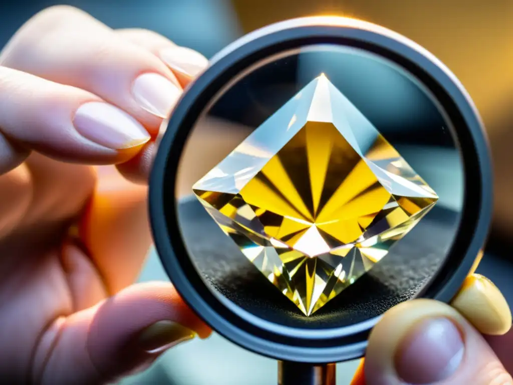 Un diamante amarillo brillante es examinado de cerca bajo una lupa de joyero, evocando profesionalismo y precisión