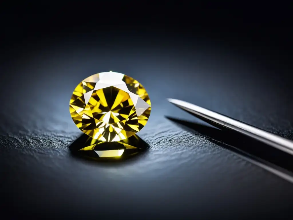 Un diamante amarillo marquise en detalle sobre terciopelo negro, rodeado de herramientas de joyería en un banco de trabajo de madera oscura, evocando la evaluación y tasación de diamantes de colores para una compra inteligente