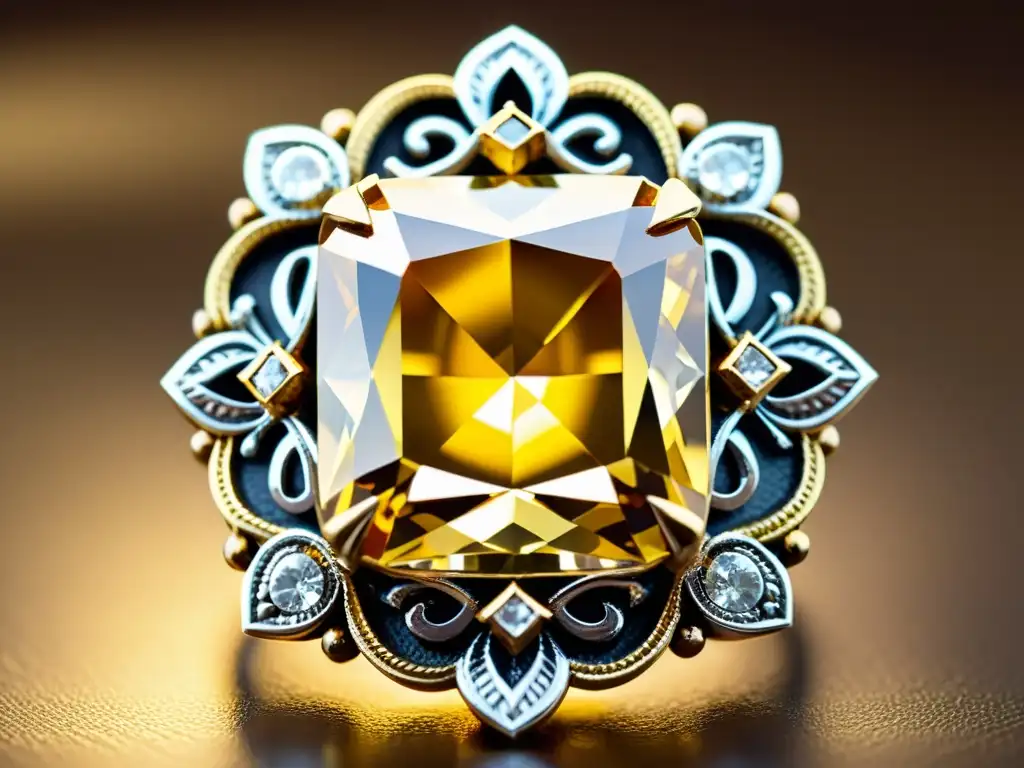 Diamante amarillo leyenda Sancy: Detalle exquisito del legendario diamante en un entorno misterioso y cautivador