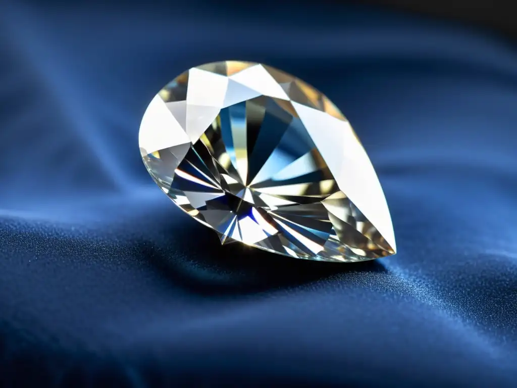 Diamante de forma pera sobre cojín de terciopelo azul, refleja la luz natural