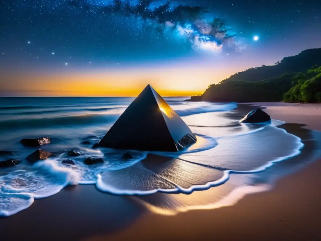 Diamante negro de Bahía mística brillando bajo la luna en una playa solitaria, con un aura de misticismo y encanto ancestral