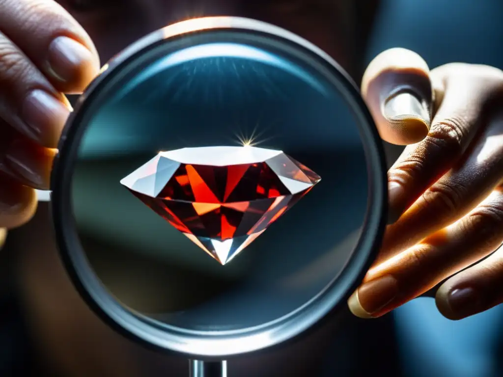 Diamante de sangre bajo lupa: detalle impactante Un diamante de sangre examinado bajo lupa revela su compleja historia