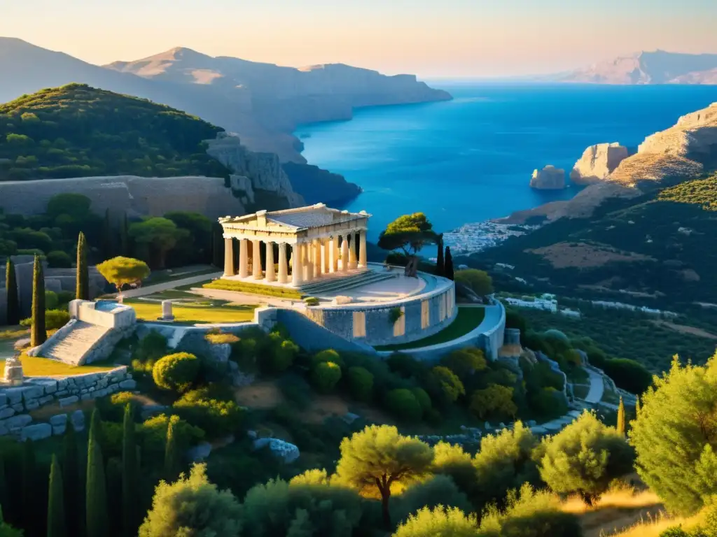 Diamantes en la mitología griega: Un templo griego antiguo se baña en la cálida luz del atardecer, rodeado de montañas y exuberante vegetación