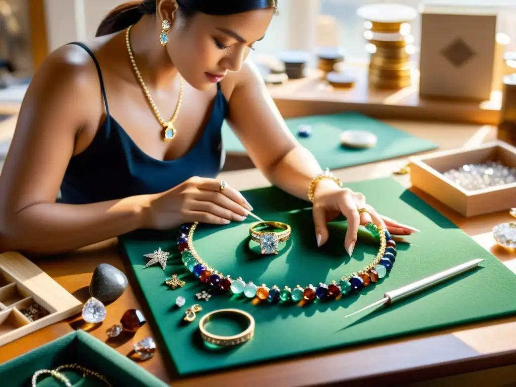 Un diseñador de joyas crea una obra maestra a mano en su estudio soleado, rodeado de gemas y herramientas finas