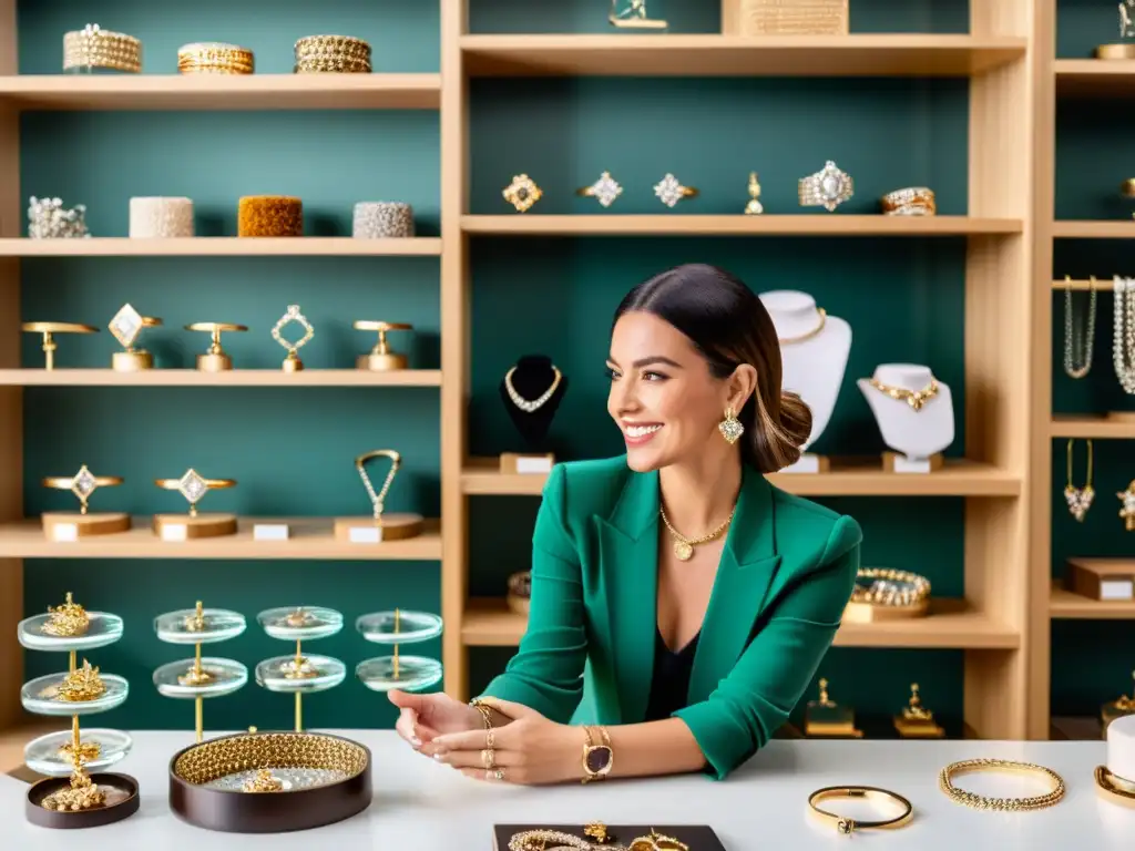 Una diseñadora de joyas y una popular influencer conversan animadamente en un elegante estudio, destacando cómo las marcas joyas potencian influencers