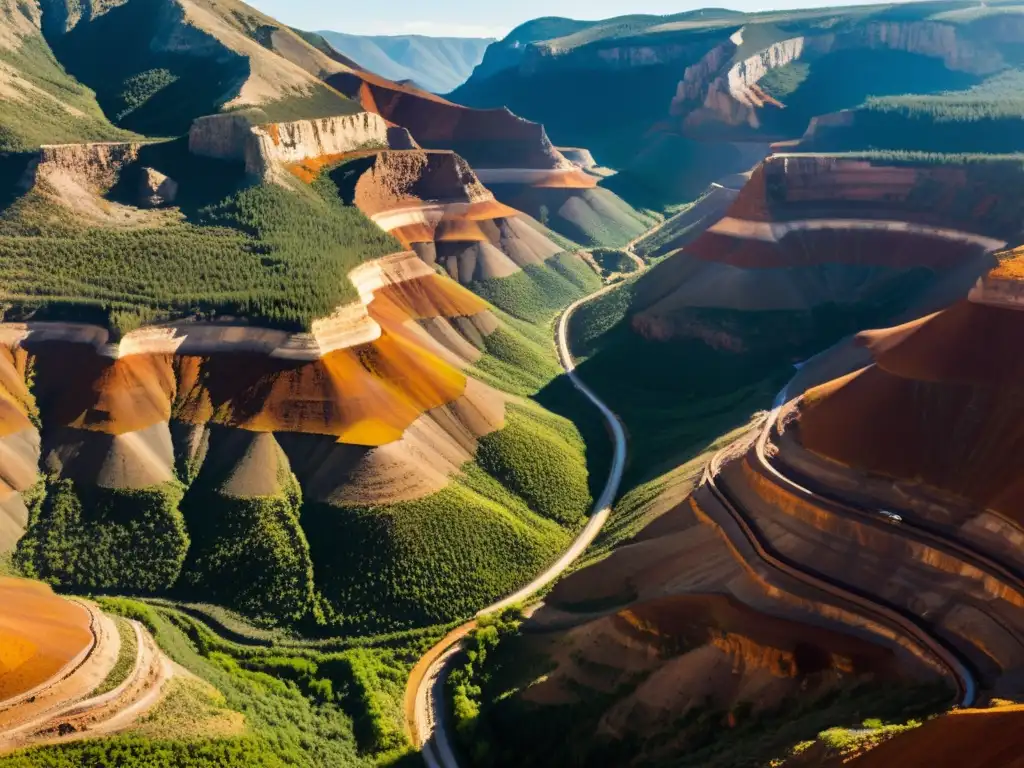 Documental sobre minas de gemas reales: paisaje montañoso con mineros descendiendo en túneles terracota, reflejos de luz solar y sombras dramáticas