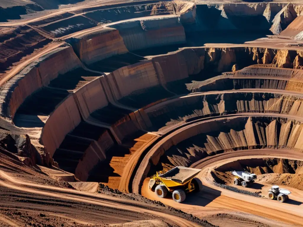 Drones en la minería: vista aérea de una mina a cielo abierto con camiones y excavadoras en operación, mientras drones capturan datos detallados