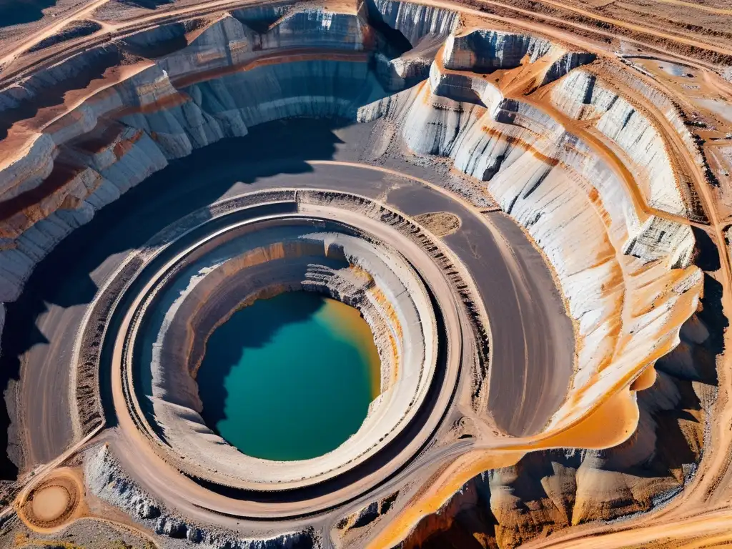 Drones en la minería: Vista aérea de mina a cielo abierto con drones capturando datos topográficos y geológicos, resaltando avances tecnológicos