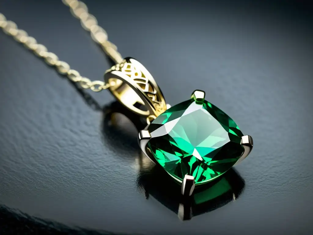 Un elegante colgante de plata con un deslumbrante esmeralda verde, perfecta como regalo especial de piedras de nacimiento, sobre terciopelo oscuro