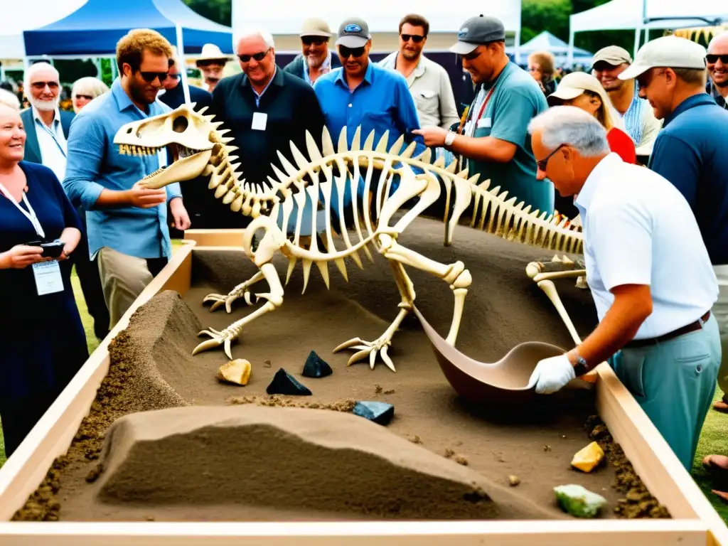 Emocionante excavación de un fósil de dinosaurio en una feria de minerales, capturando la fusión de paleontología y minerales