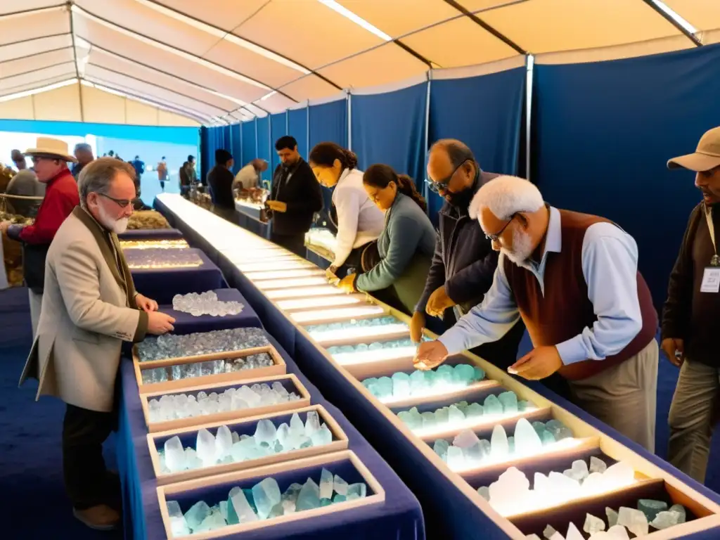 Emocionante feria internacional de minerales al atardecer, con coleccionistas y vendedores desmontando sus puestos