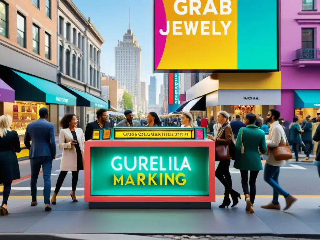 Un emocionante marketing de guerrilla para joyerías en una concurrida calle de la ciudad, con una exhibición llamativa y creativa que atrae la atención de la multitud