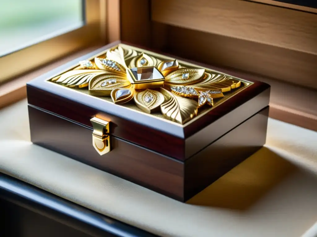 Caja joyero artesanal de madera con detalles florales y joyas de diamantes Empaques de joyería de lujo con detalles florales tallados en madera, adornados con hojas de oro y joyas brillantes, envuelto en luces suaves