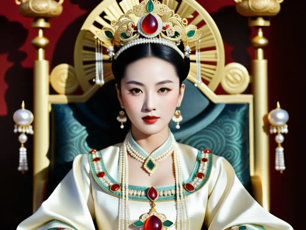 Una emperatriz china antigua luce perlas exquisitas, rodeada de lujo y elegancia, evocando la historia de las perlas de elegancia en la antigua China