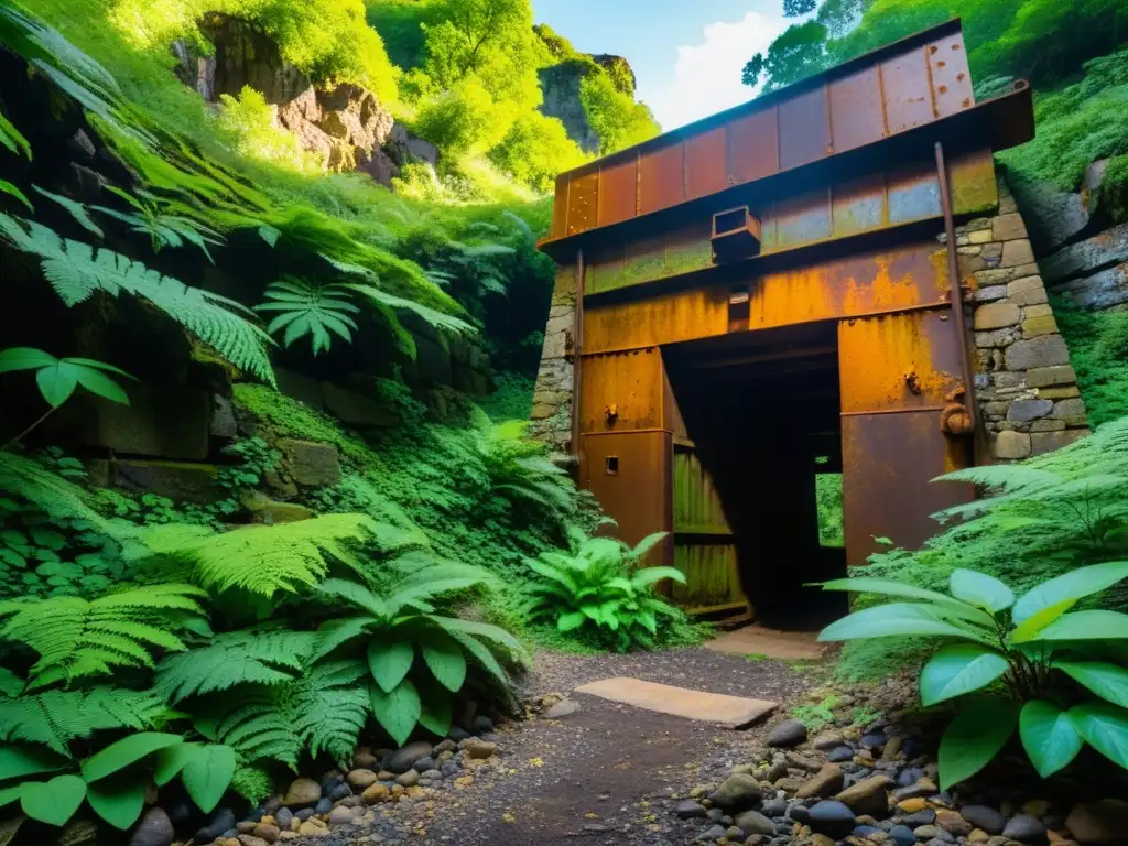 Entrada histórica de una mina rodeada de exuberante vegetación, representando el turismo ecológico en minas históricas