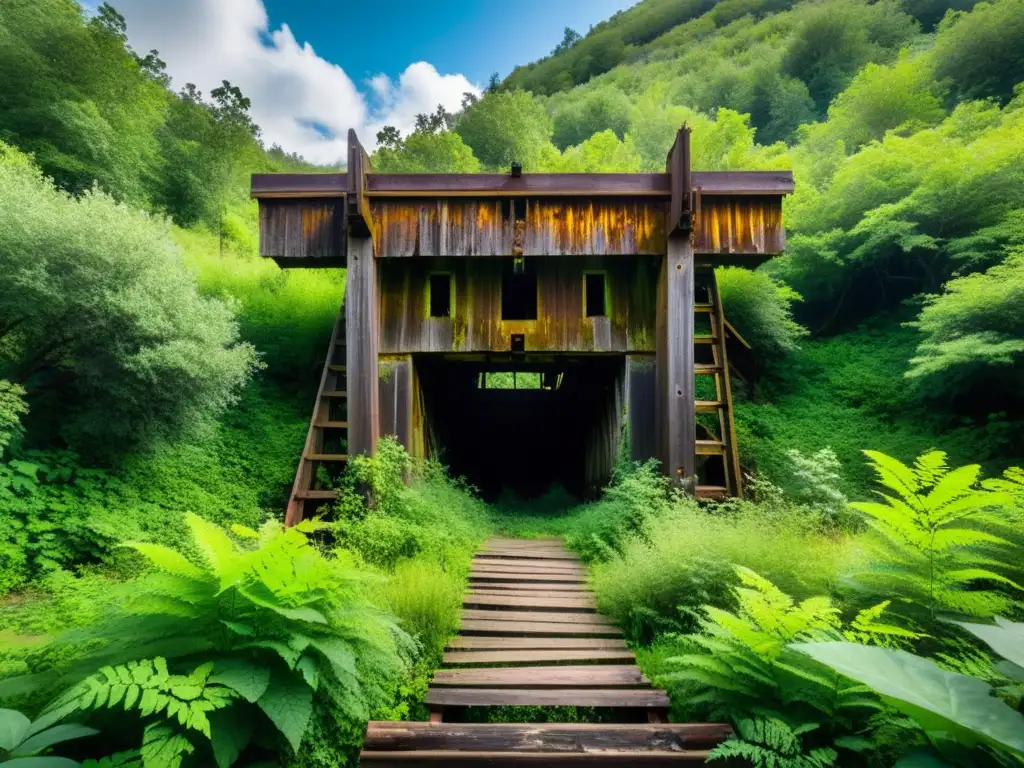 Entrada de mina abandonada rodeada de vegetación, evocando el legado histórico de la minería