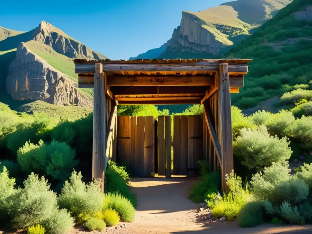 Entrada de mina histórica rodeada de naturaleza, con detalles en madera y piedra