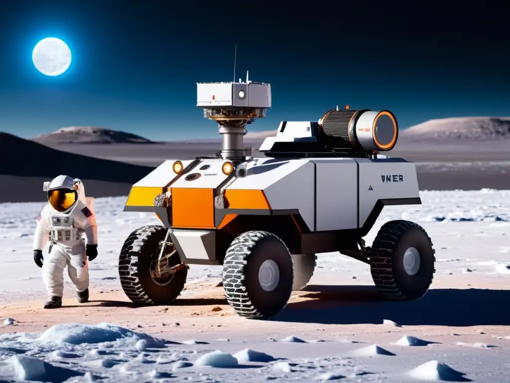 Equipo de adaptaciones minería lunas heladas explorando terreno helado en rover futurista