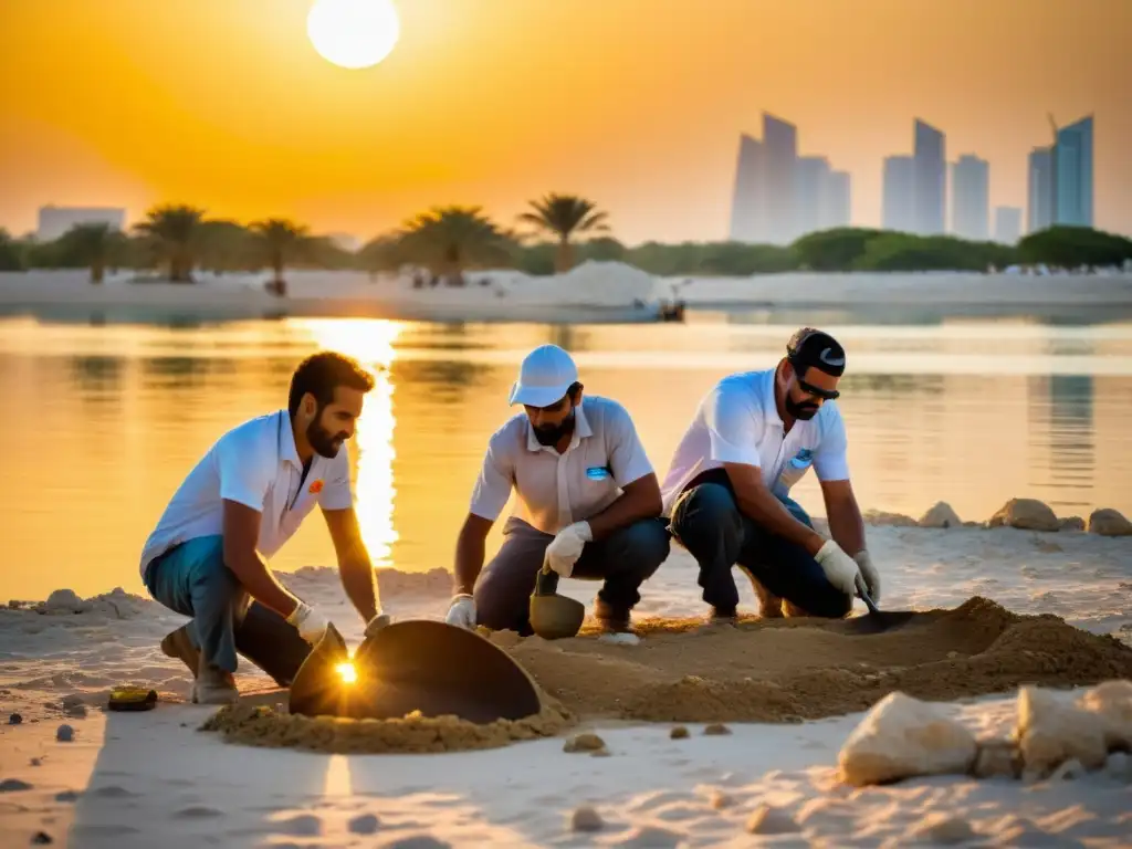 Un equipo de arqueólogos desentierra herramientas antiguas y artefactos en el Yacimiento de Perlas de Bahrein, con el resplandor del sol sobre el sitio y las aguas del Golfo Árabe al fondo