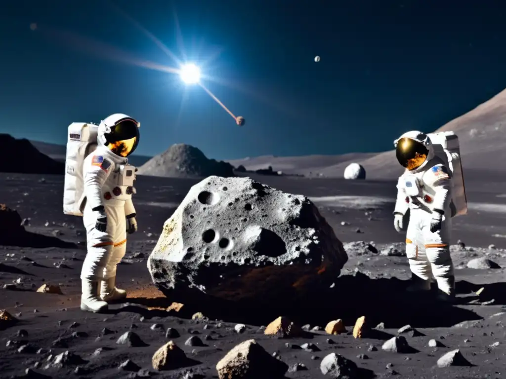 Equipo de astronautas realizando minería de minerales en microgravedad en un asteroide, con la Tierra de fondo como un pequeño y distante orb