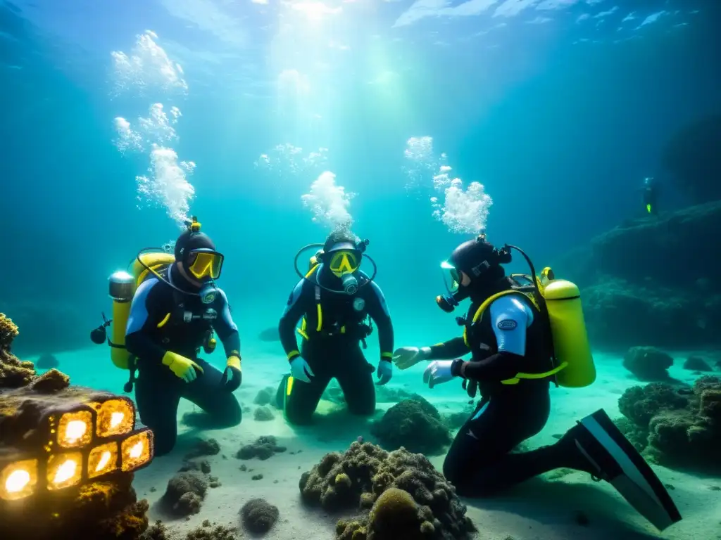 Equipo de buzos en trajes especiales realizando minería submarina lecho marino tesoros en un paisaje submarino misterioso y hermoso