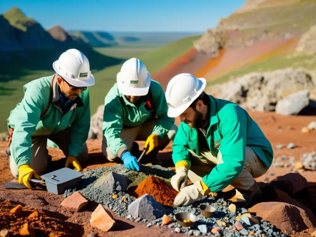 Equipo de excavación manual para coleccionistas desenterrando minerales coloridos en un entorno geológico aventurero