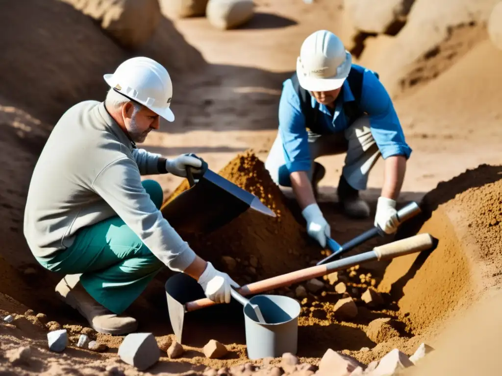 Equipo de excavación manual para coleccionistas desenterrando minerales con precisión y dedicación en el sitio de excavación