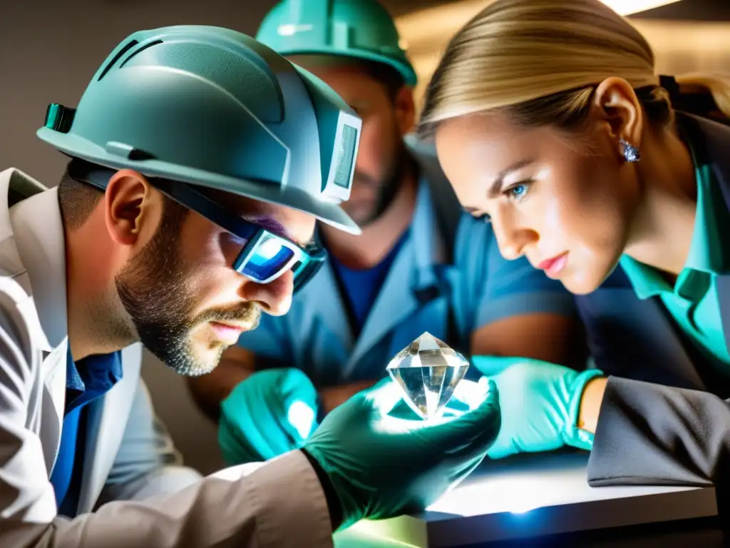 Un equipo de geólogos examina con cuidado un diamante en bruto, mostrando su belleza natural