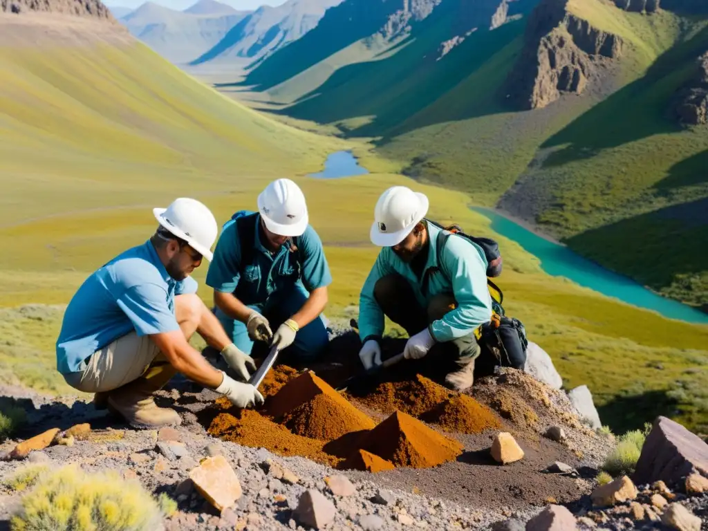 Un equipo de geólogos excava con cuidado un yacimiento mineral remoto, preservando la belleza del paisaje mientras protegen los recursos naturales