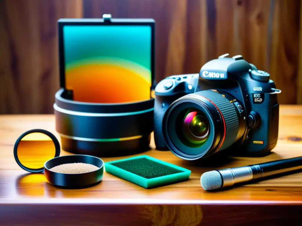 Equipo esencial para fotografiar minerales con cámara DSLR, lente macro, trípode, caja de luz y accesorios sobre mesa de madera