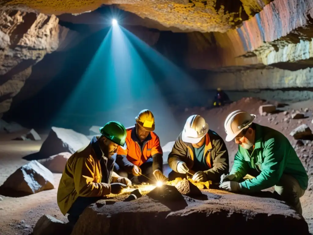 Geólogos expertos examinan minerales en mina subterránea Un equipo de geólogos expertos examina minerales y gemas en una mina subterránea, mostrando la complejidad de la inversión en minerales y gemas