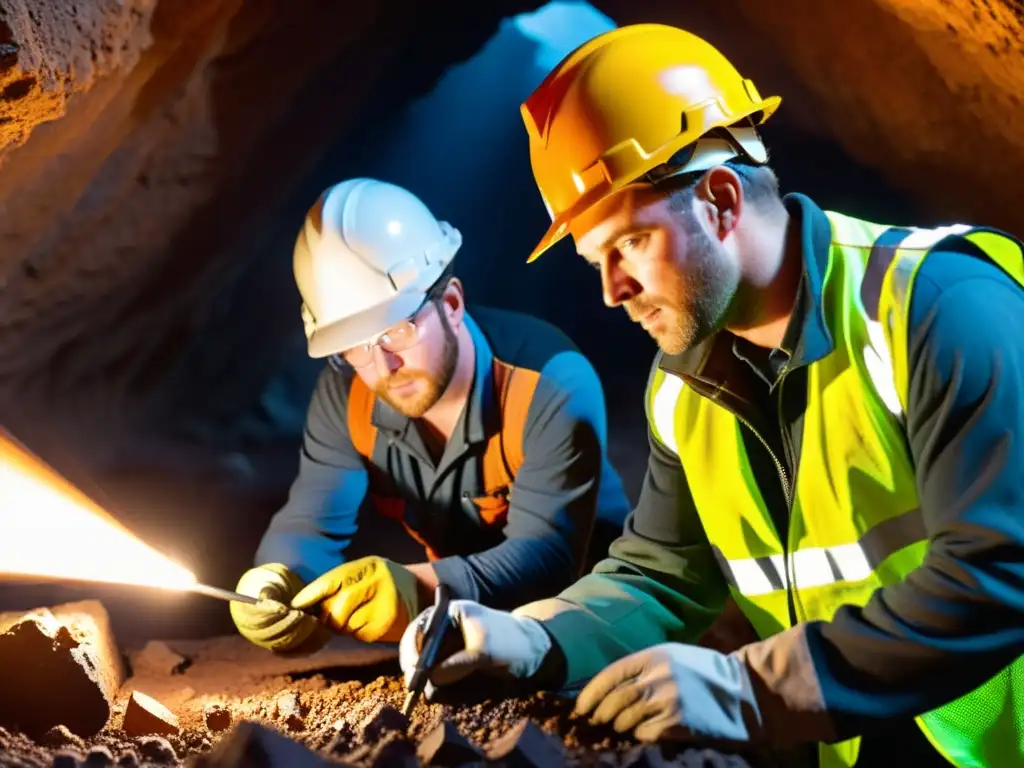 Un equipo de geólogos y ingenieros mineros examina con precisión muestras de núcleo en un sitio de exploración mineral, iluminados por cálidas lámparas de trabajo