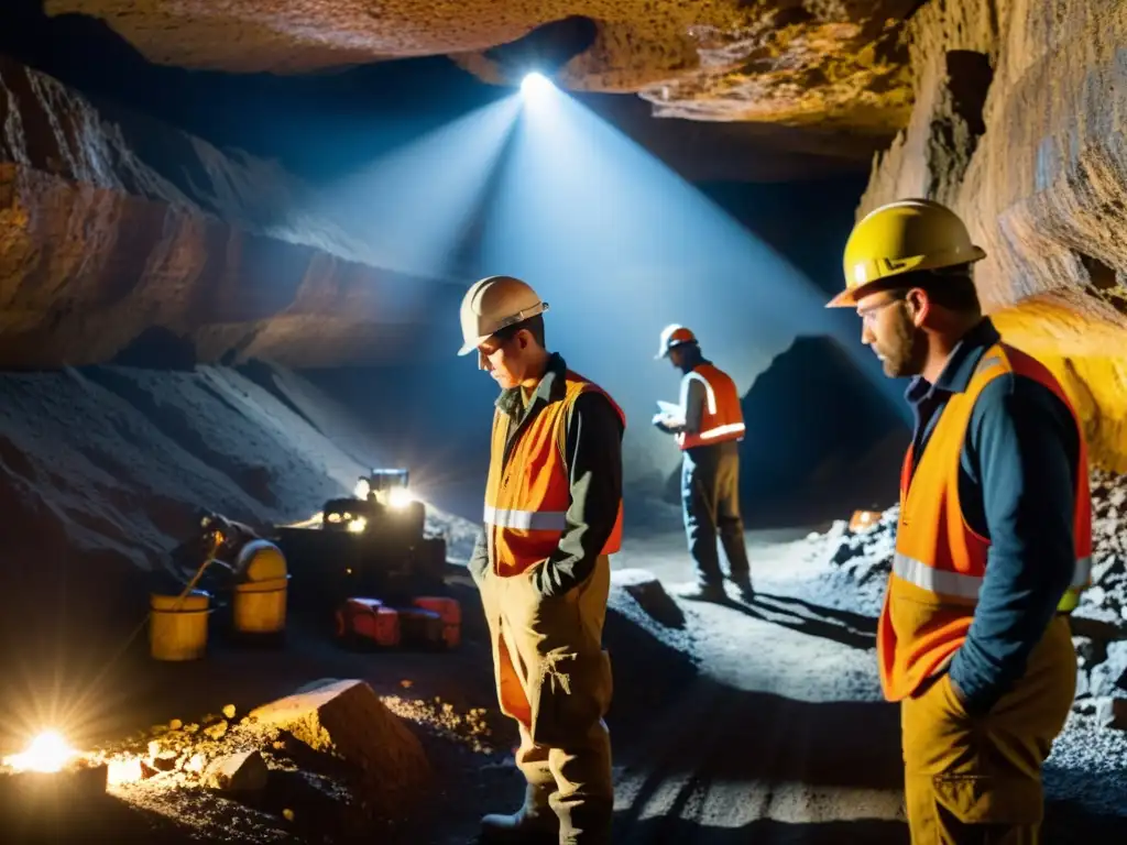 Un equipo de geólogos y ingenieros mineros analiza núcleos de roca en una mina subterránea, destacando la intensidad del trabajo minero