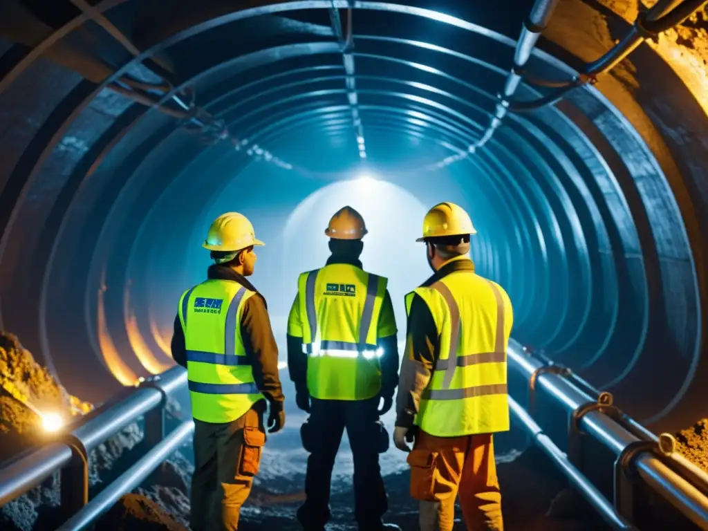 Equipo de ingenieros y mineros instalan sistema de ventilación innovadora para minas subterráneas en ambiente oscuro y complejo