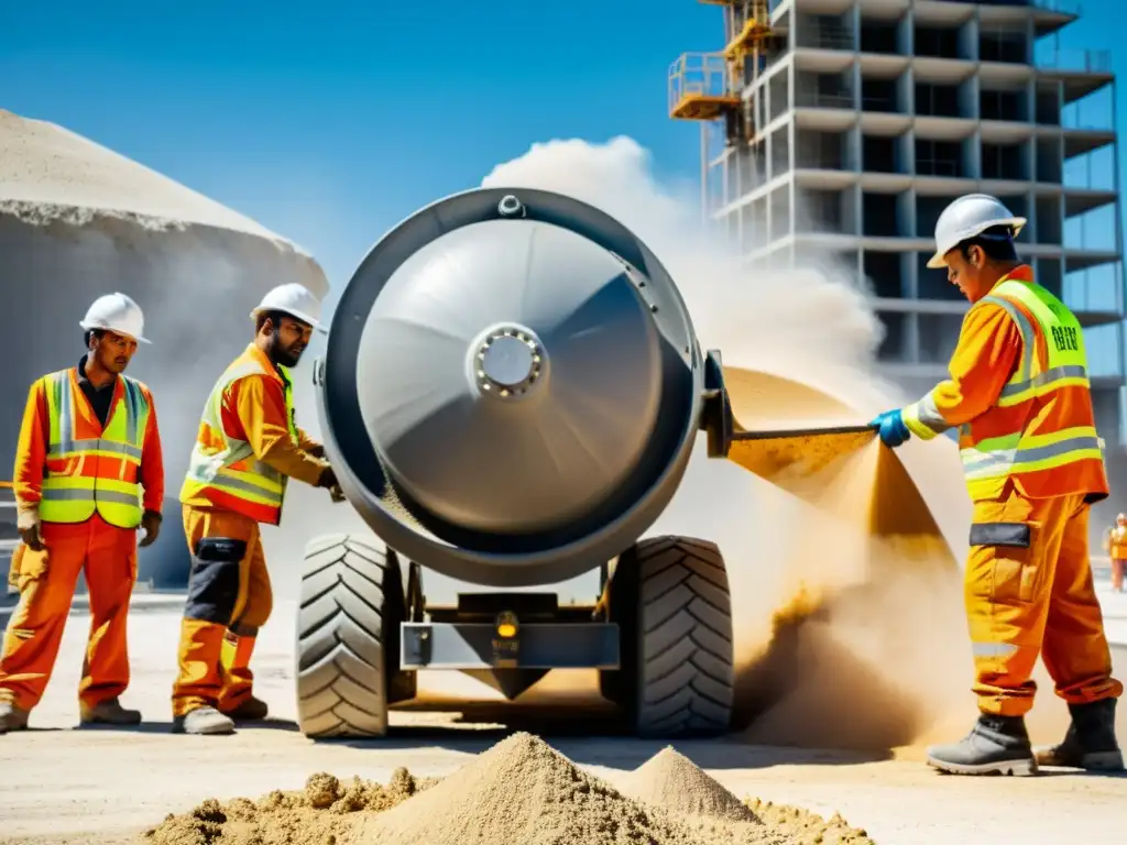 Un equipo de construcción vierte baritina en una mezcladora de cemento