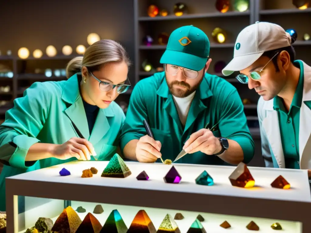 Un equipo de geólogos examina detalladamente minerales coloridos y raros en un laboratorio