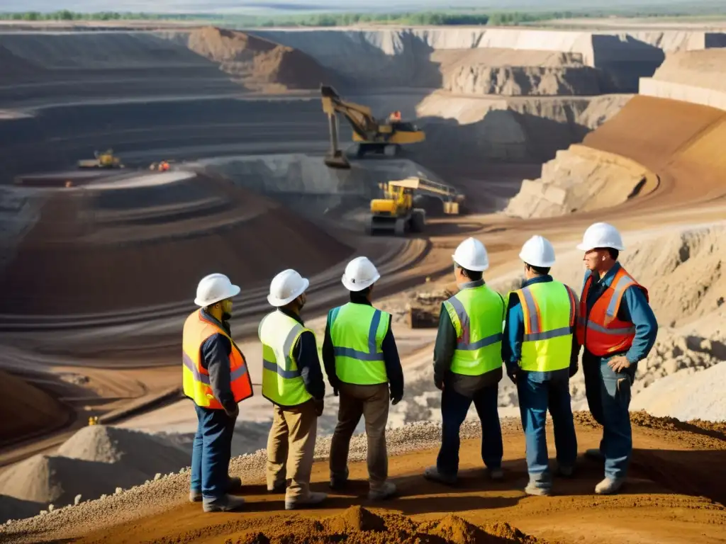 Un equipo de mineros en chalecos reflectantes y cascos trabajando en una mina a cielo abierto