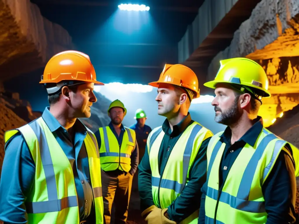 Un equipo de mineros con equipos de seguridad avanzados trabaja en una mina subterránea moderna, iluminados por potentes luces LED