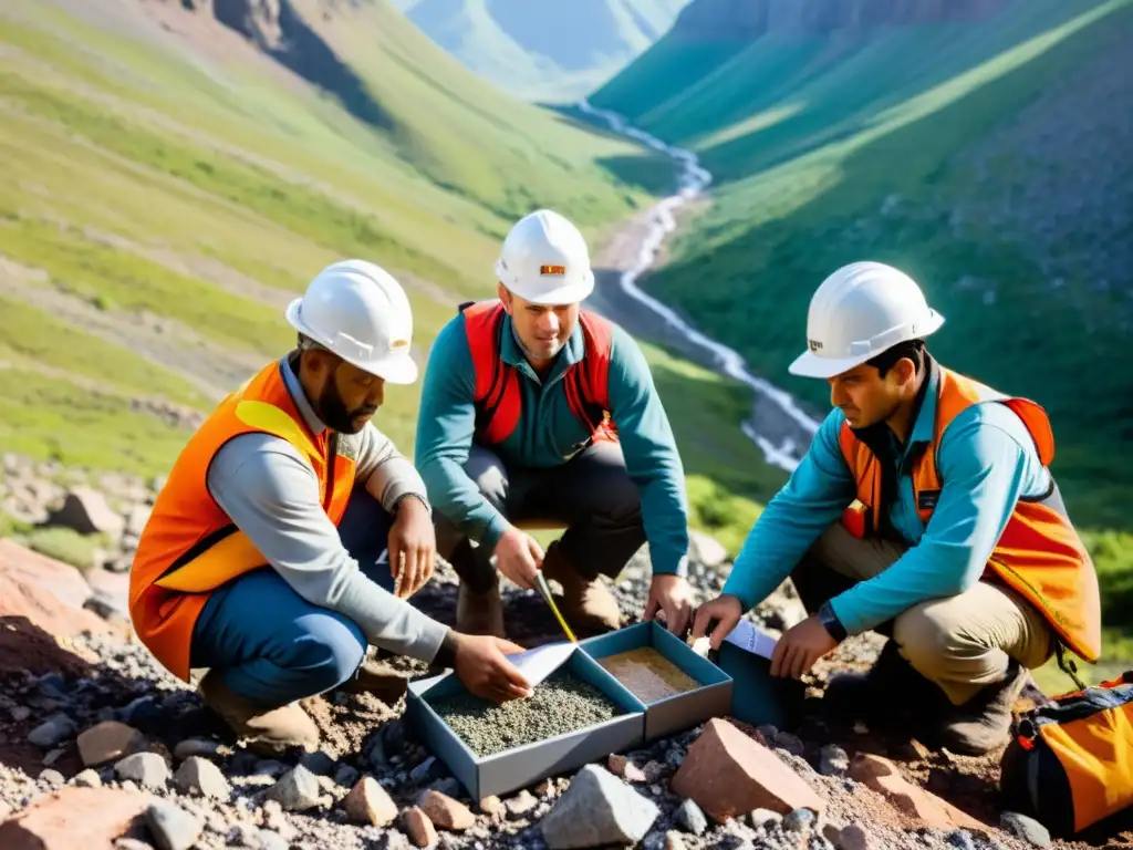 Un equipo de geólogos y mineros realiza una exploración detallada en terreno montañoso, mostrando su expertise