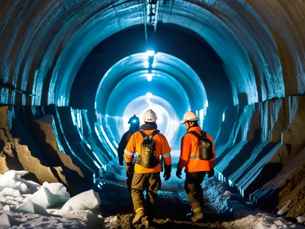 Equipo de mineros explorando una helada mina subterránea, mostrando la determinación en la minería en condiciones extremas