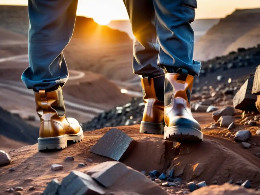 Equipo de mineros con las mejores botas para terrenos difíciles, navegando el árido paisaje al atardecer